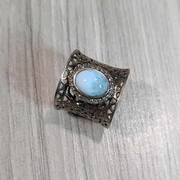 Victorian Larimar Stone CZ & Sterling Silver Laser Cut Heart Wide Band Ring - Picture 5 of 11